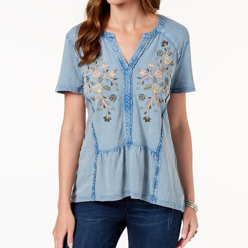 NEW Embroidered ladies Cotton Split-Neck Top WITH TAGS $50